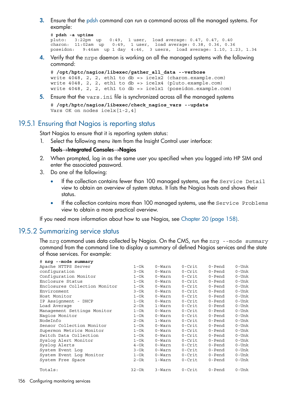 1 ensuring that nagios is reporting status, 2 summarizing service status | HP Insight Control Software for Linux User Manual | Page 156 / 272