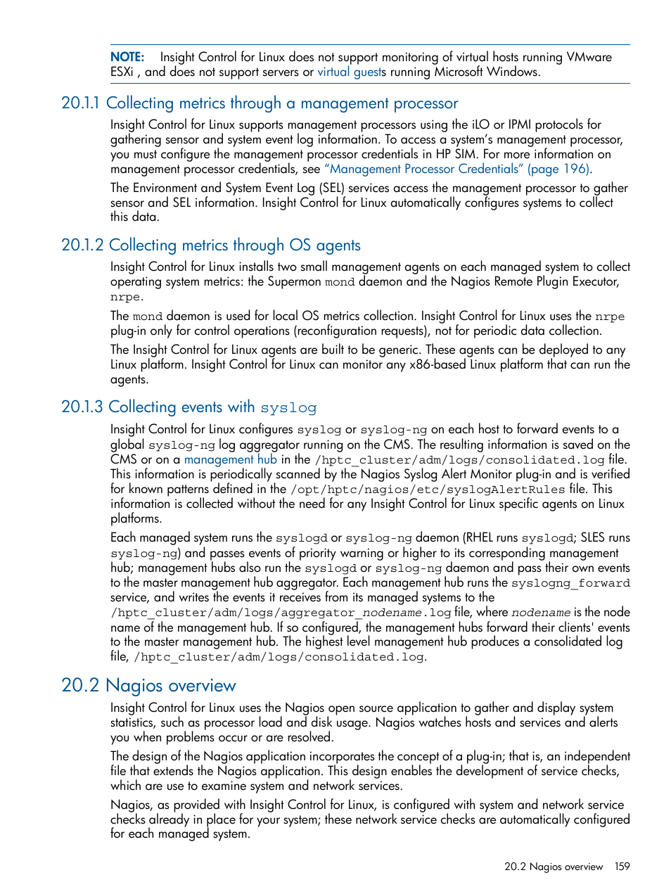 2 collecting metrics through os agents, 3 collecting events with syslog, 2 nagios overview | HP Insight Control Software for Linux User Manual | Page 159 / 272