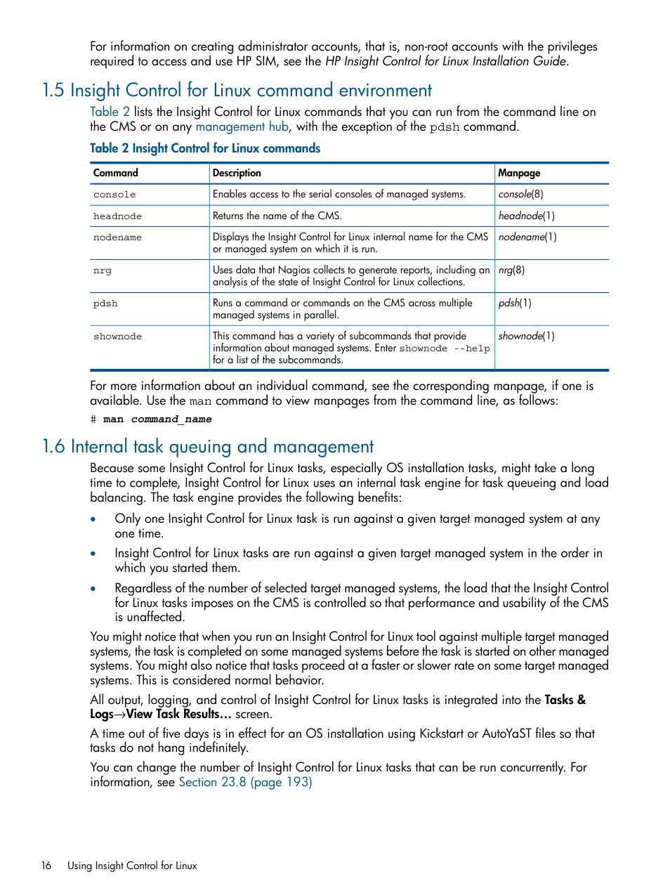 5 insight control for linux command environment, 6 internal task queuing and management | HP Insight Control Software for Linux User Manual | Page 16 / 272