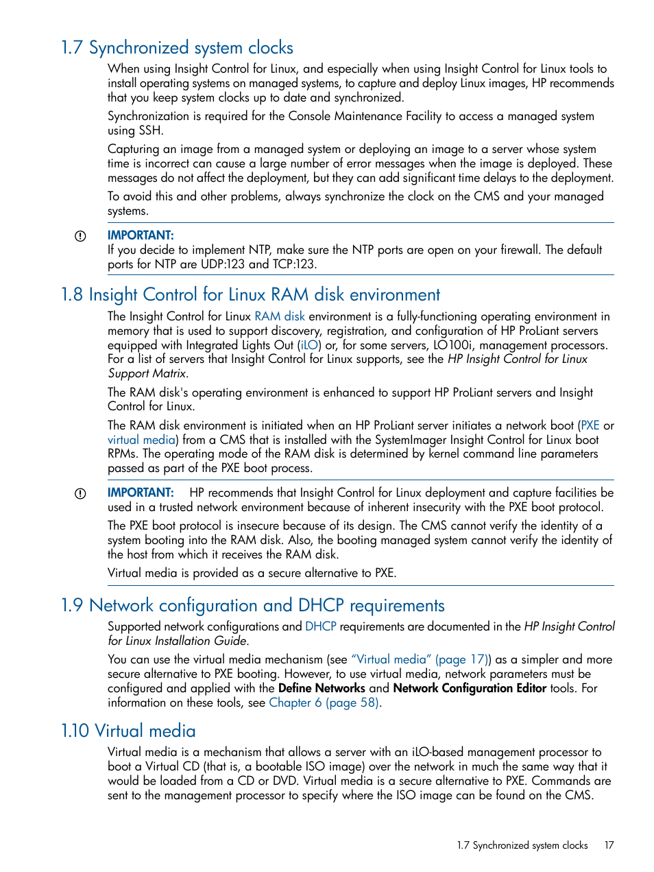 7 synchronized system clocks, 8 insight control for linux ram disk environment, 9 network configuration and dhcp requirements | 10 virtual media | HP Insight Control Software for Linux User Manual | Page 17 / 272