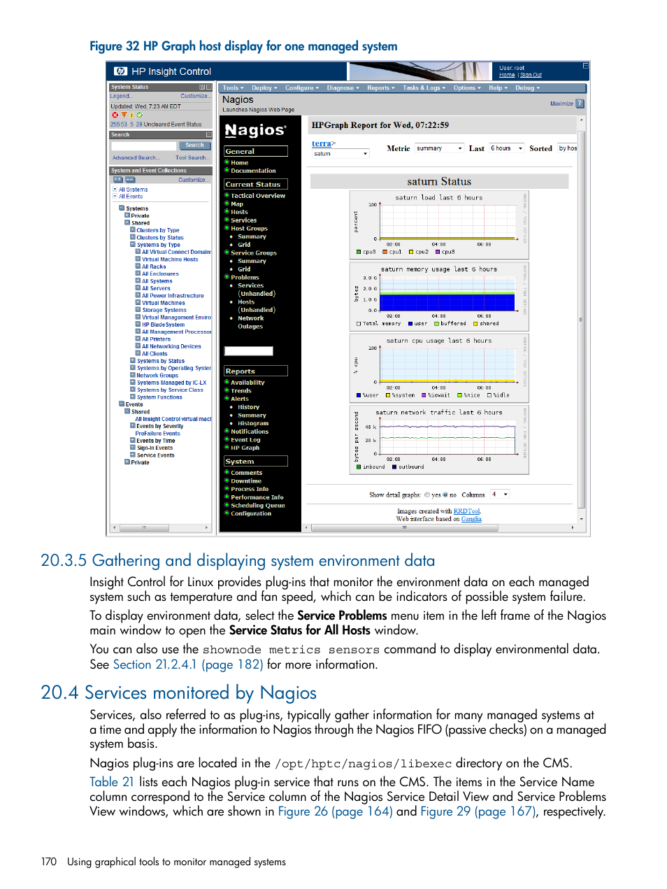 5 gathering and displaying system environment data, 4 services monitored by nagios | HP Insight Control Software for Linux User Manual | Page 170 / 272