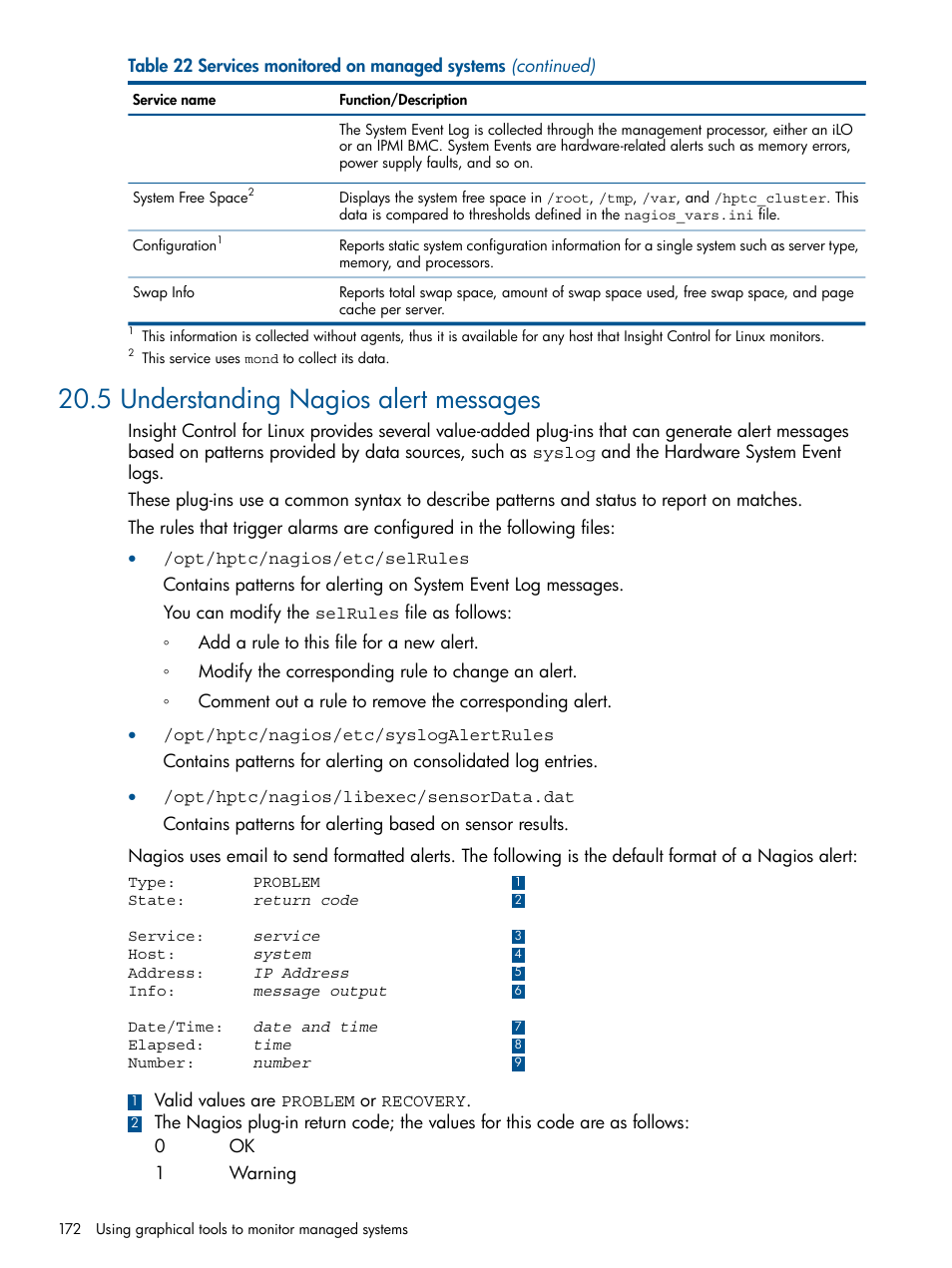 5 understanding nagios alert messages | HP Insight Control Software for Linux User Manual | Page 172 / 272