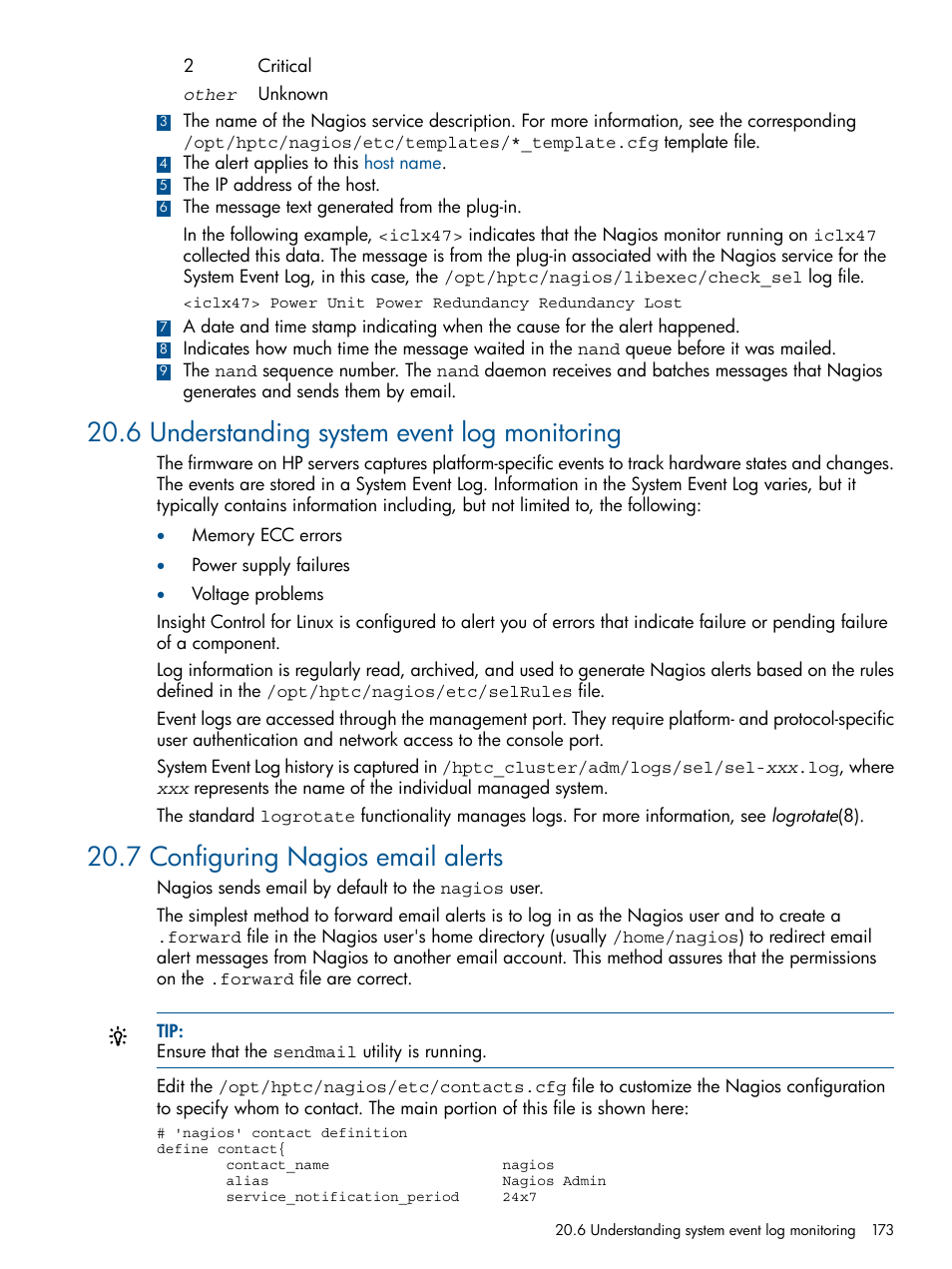 6 understanding system event log monitoring, 7 configuring nagios email alerts | HP Insight Control Software for Linux User Manual | Page 173 / 272