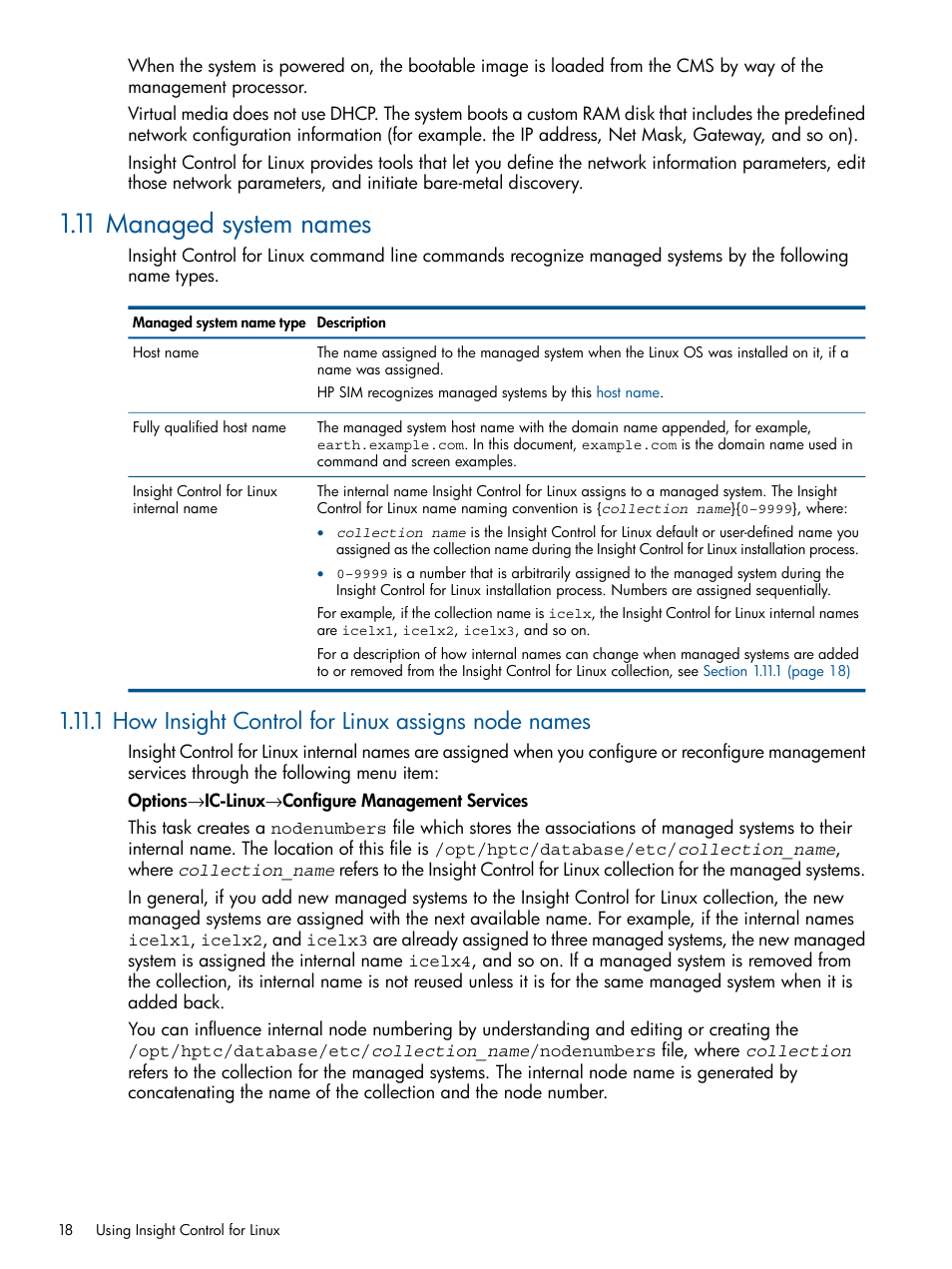 11 managed system names, 1 how insight control for linux assigns node names | HP Insight Control Software for Linux User Manual | Page 18 / 272