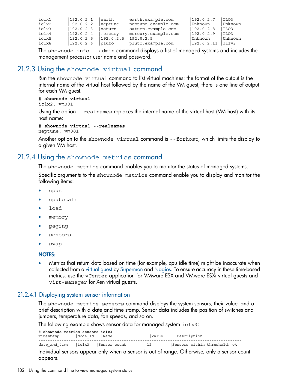 3 using the shownode virtual command, 4 using the shownode metrics command, 1 displaying system sensor information | HP Insight Control Software for Linux User Manual | Page 182 / 272