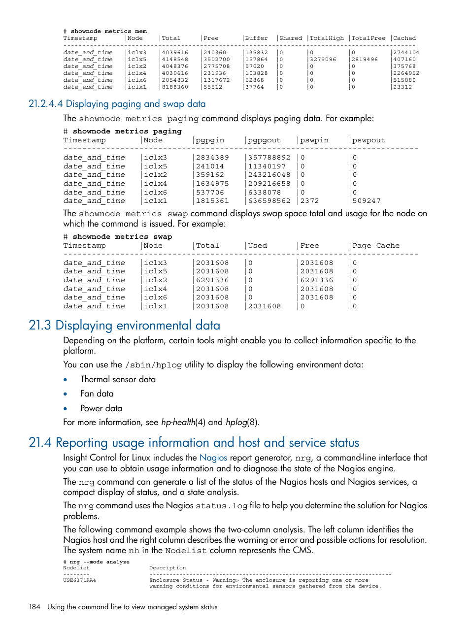 4 displaying paging and swap data, 3 displaying environmental data | HP Insight Control Software for Linux User Manual | Page 184 / 272