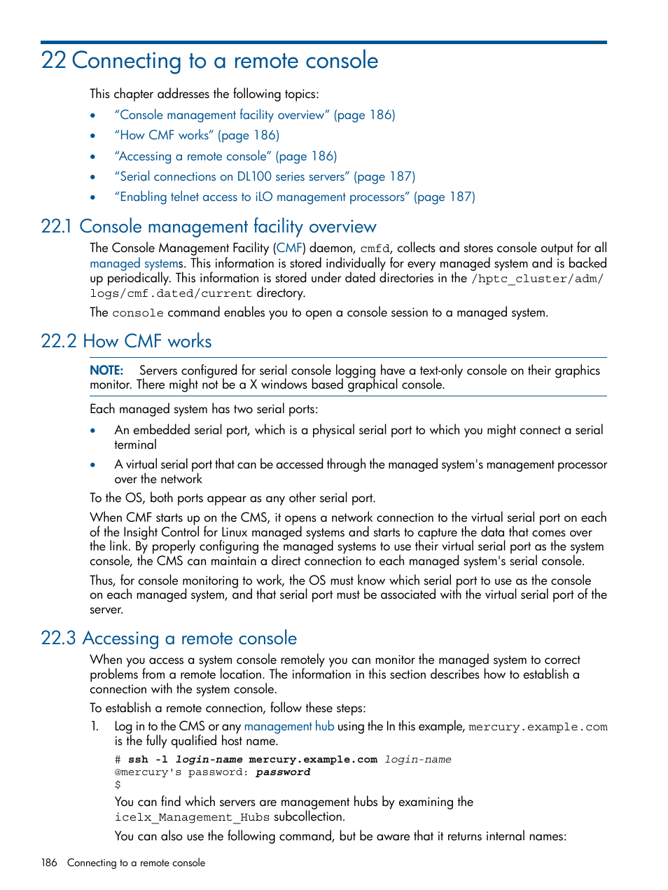 22 connecting to a remote console, 1 console management facility overview, 2 how cmf works | 3 accessing a remote console | HP Insight Control Software for Linux User Manual | Page 186 / 272