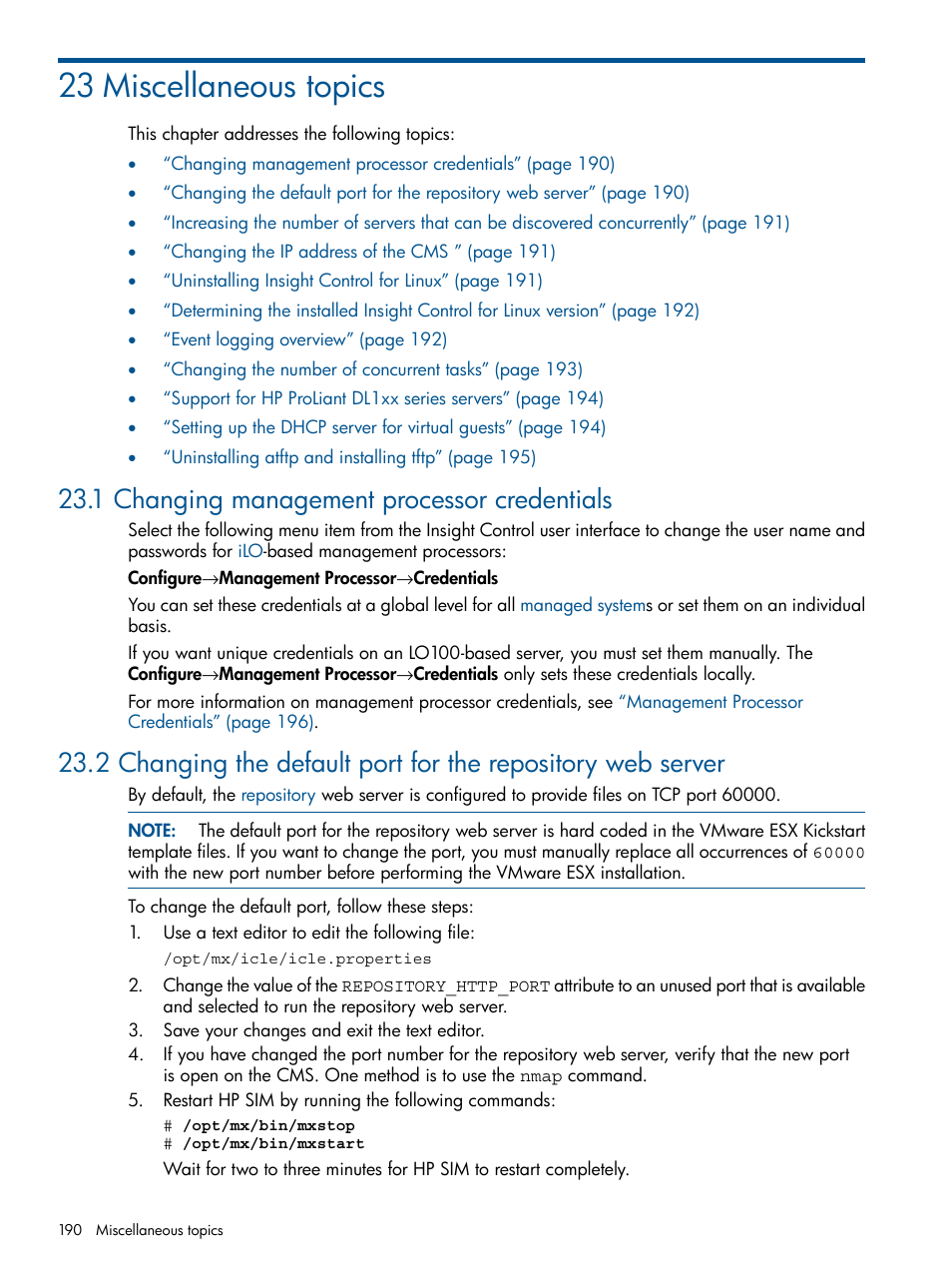 23 miscellaneous topics, 1 changing management processor credentials | HP Insight Control Software for Linux User Manual | Page 190 / 272