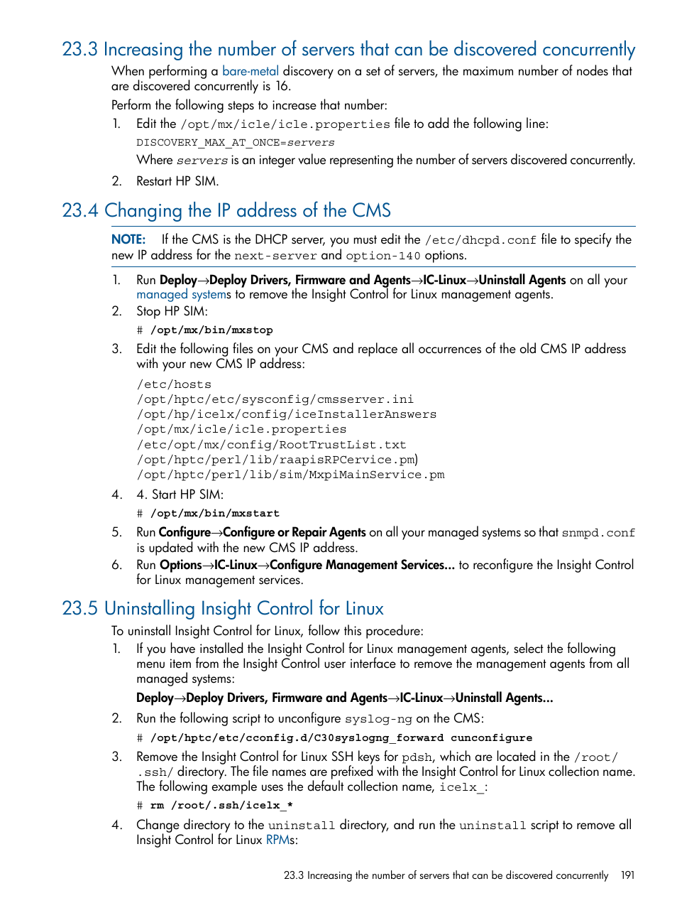 4 changing the ip address of the cms, 5 uninstalling insight control for linux | HP Insight Control Software for Linux User Manual | Page 191 / 272