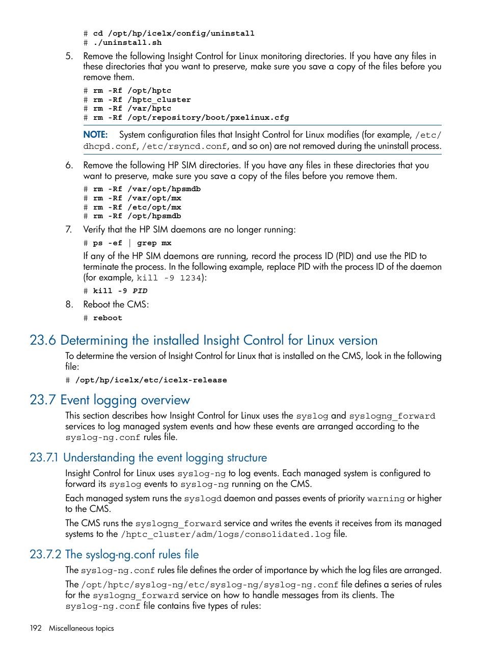 7 event logging overview, 1 understanding the event logging structure, 2 the syslog-ng.conf rules file | HP Insight Control Software for Linux User Manual | Page 192 / 272