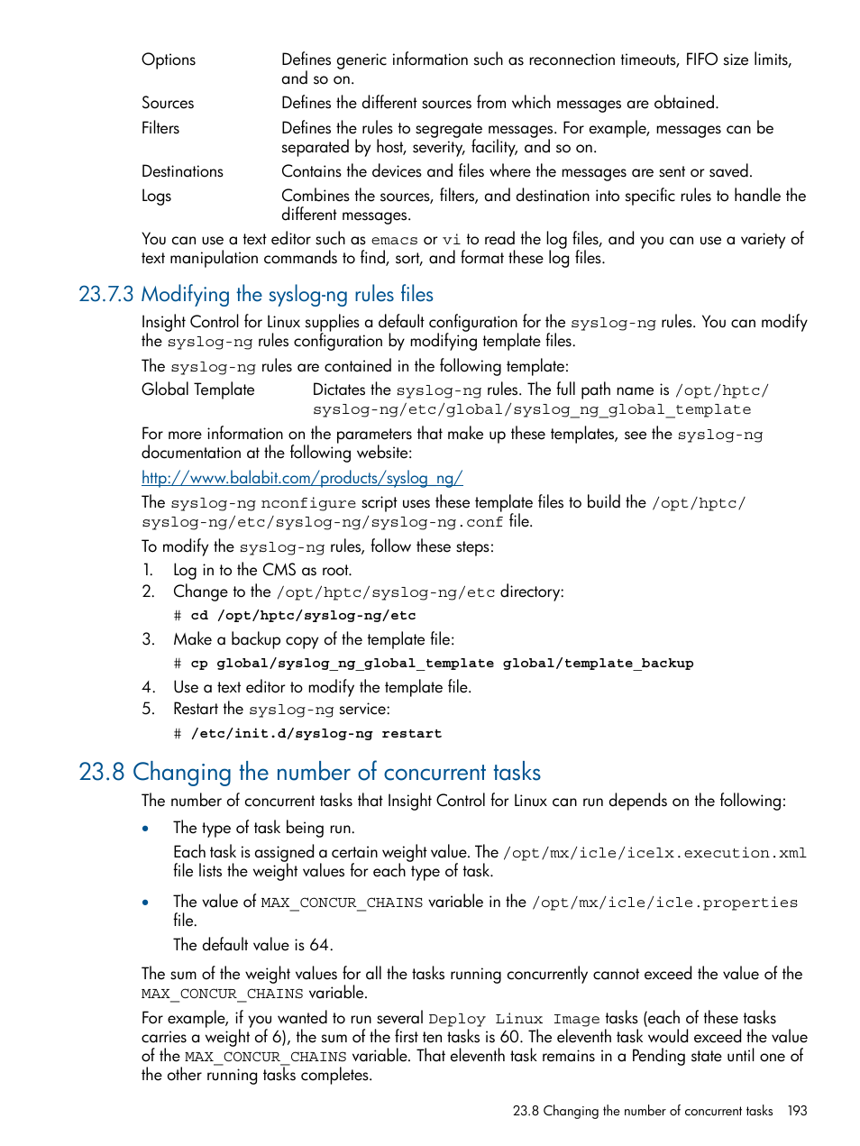 3 modifying the syslog-ng rules files, 8 changing the number of concurrent tasks | HP Insight Control Software for Linux User Manual | Page 193 / 272