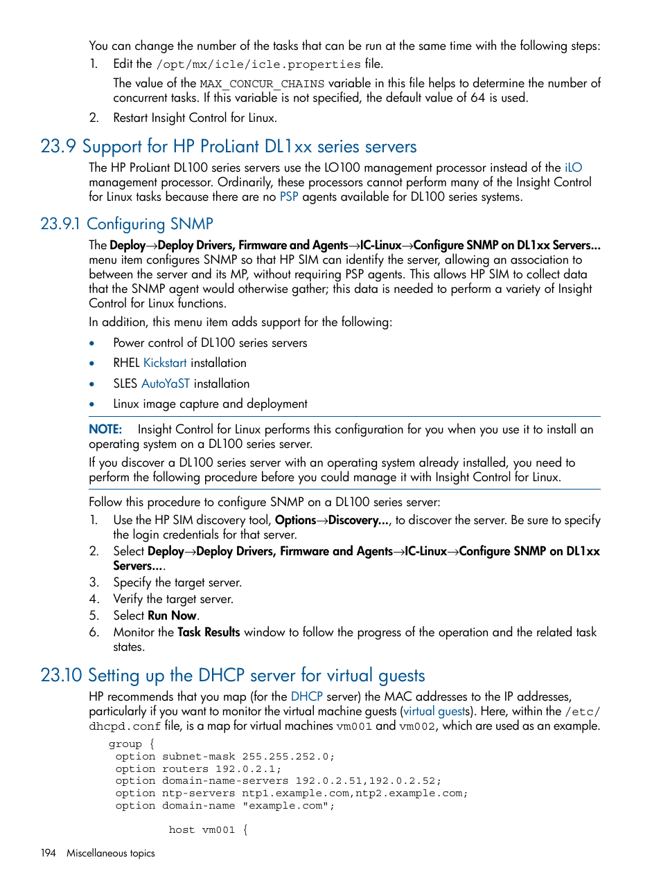 9 support for hp proliant dl1xx series servers, 1 configuring snmp, 10 setting up the dhcp server for virtual guests | HP Insight Control Software for Linux User Manual | Page 194 / 272