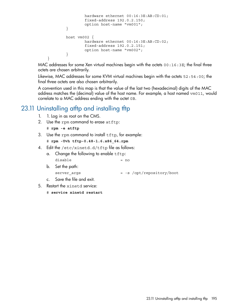 11 uninstalling atftp and installing tftp | HP Insight Control Software for Linux User Manual | Page 195 / 272