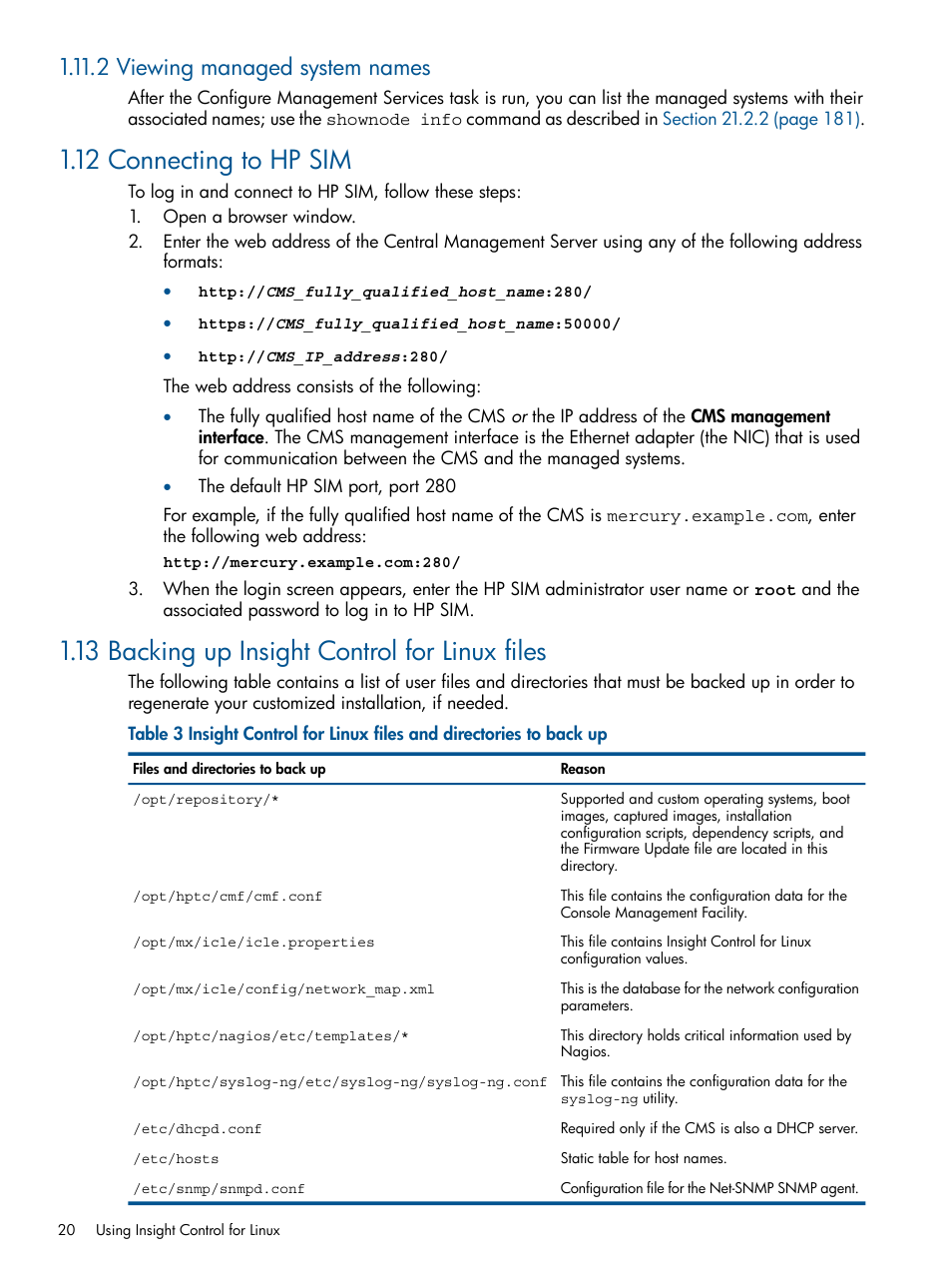 2 viewing managed system names, 12 connecting to hp sim, 13 backing up insight control for linux files | HP Insight Control Software for Linux User Manual | Page 20 / 272