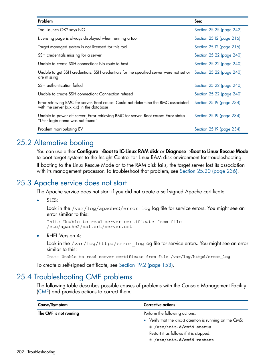 2 alternative booting, 3 apache service does not start, 4 troubleshooting cmf problems | HP Insight Control Software for Linux User Manual | Page 202 / 272