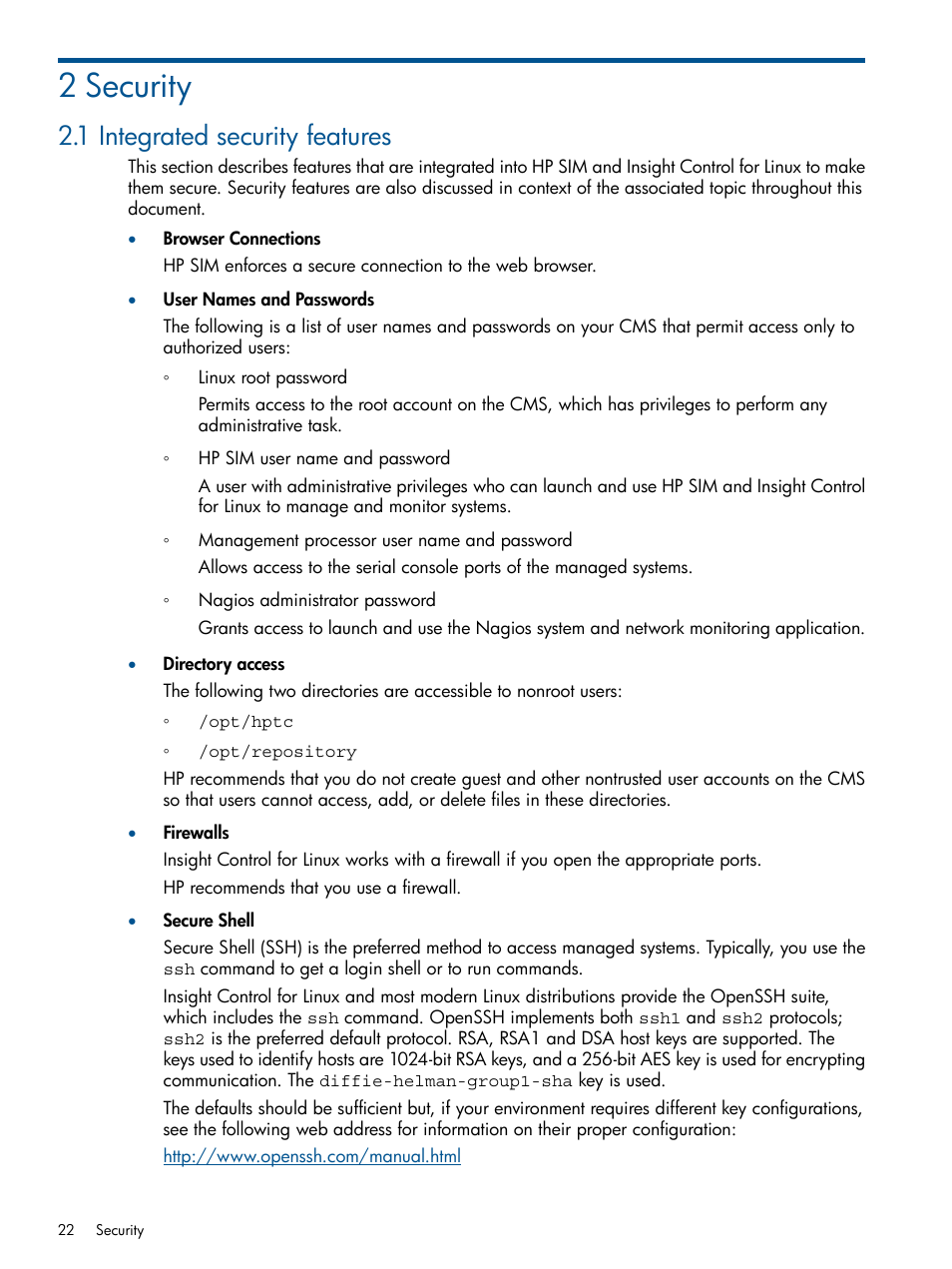 2 security, 1 integrated security features | HP Insight Control Software for Linux User Manual | Page 22 / 272