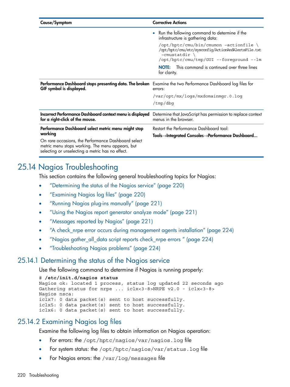 14 nagios troubleshooting, 1 determining the status of the nagios service, 2 examining nagios log files | HP Insight Control Software for Linux User Manual | Page 220 / 272