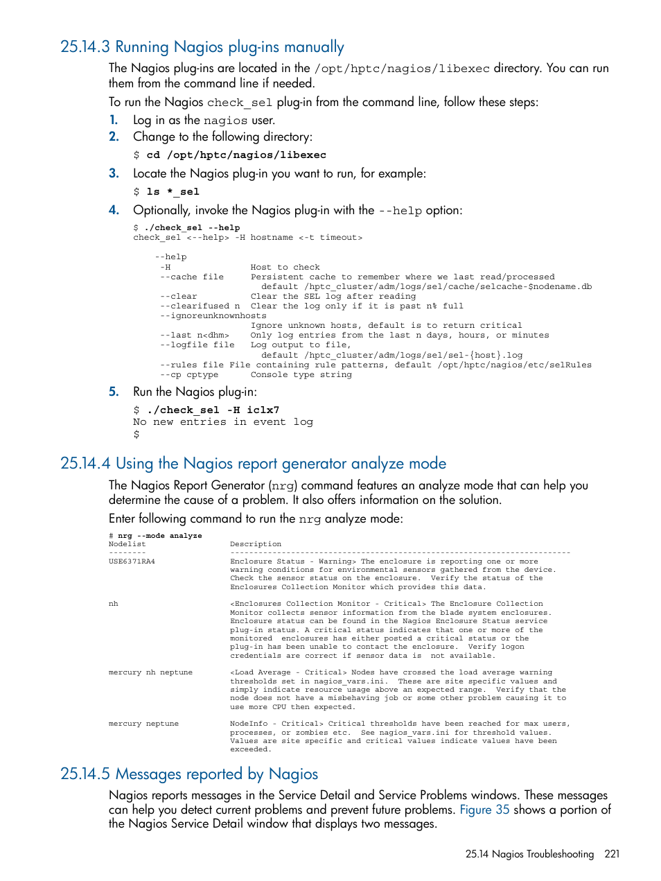 3 running nagios plug-ins manually, 4 using the nagios report generator analyze mode, 5 messages reported by nagios | HP Insight Control Software for Linux User Manual | Page 221 / 272