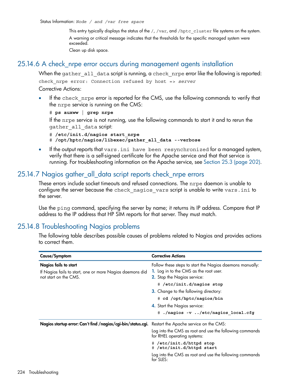 8 troubleshooting nagios problems | HP Insight Control Software for Linux User Manual | Page 224 / 272