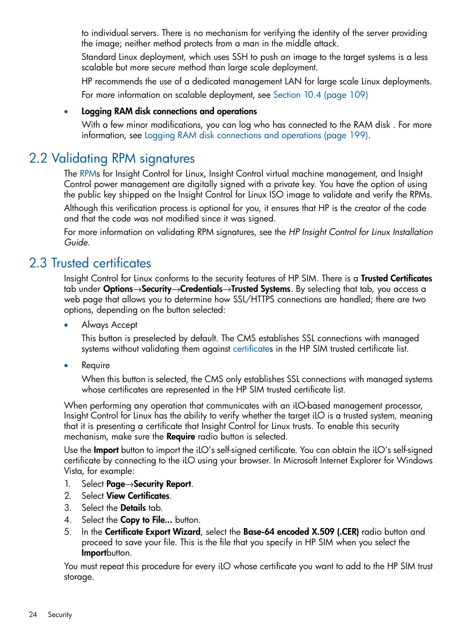 2 validating rpm signatures, 3 trusted certificates | HP Insight Control Software for Linux User Manual | Page 24 / 272