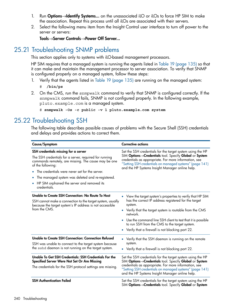 21 troubleshooting snmp problems, 22 troubleshooting ssh | HP Insight Control Software for Linux User Manual | Page 240 / 272