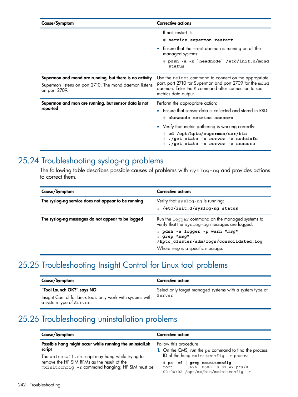 24 troubleshooting syslog-ng problems, 26 troubleshooting uninstallation problems | HP Insight Control Software for Linux User Manual | Page 242 / 272