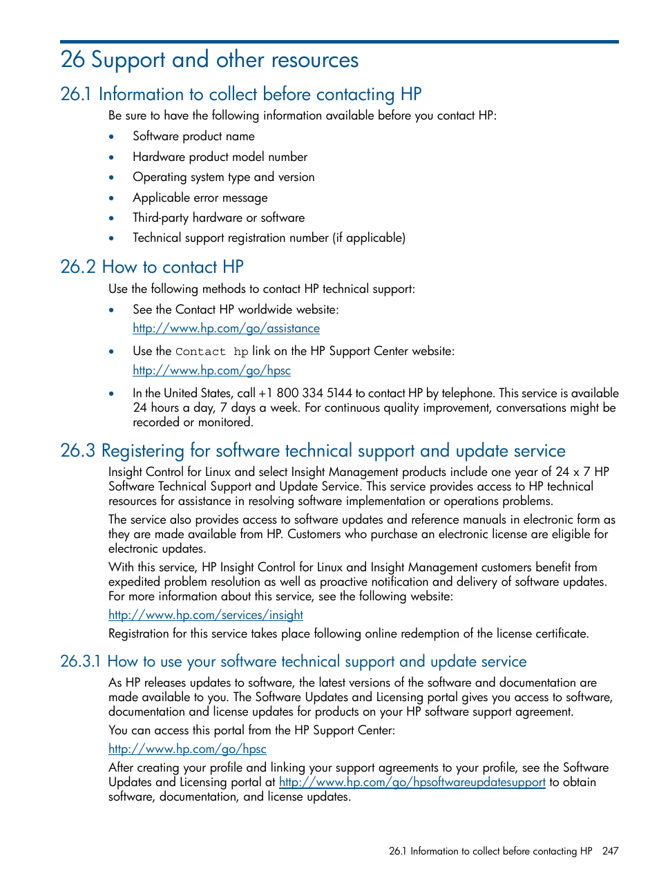 26 support and other resources, 1 information to collect before contacting hp, 2 how to contact hp | HP Insight Control Software for Linux User Manual | Page 247 / 272