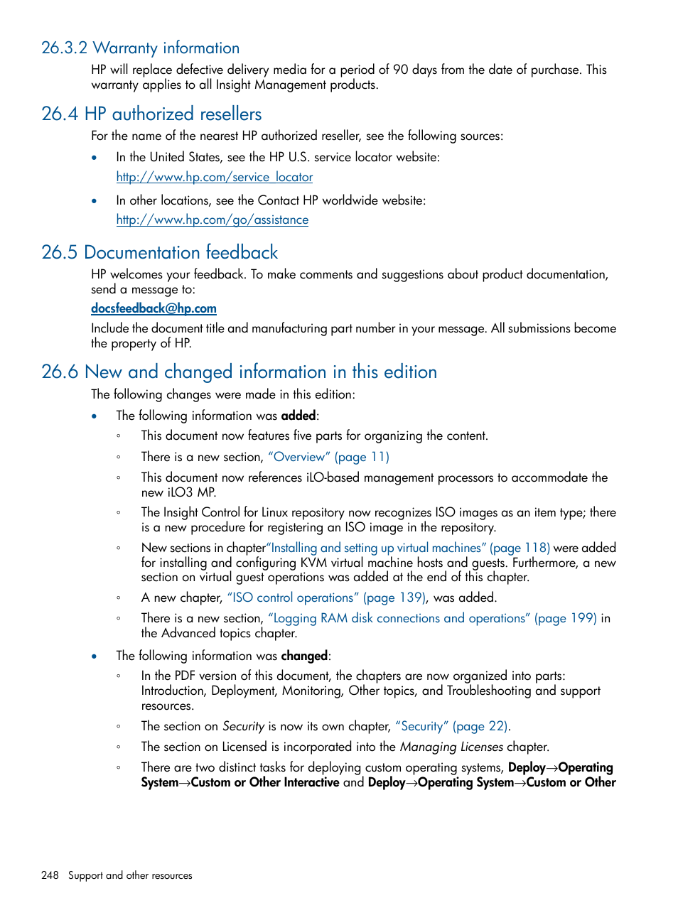 2 warranty information, 4 hp authorized resellers, 5 documentation feedback | 6 new and changed information in this edition | HP Insight Control Software for Linux User Manual | Page 248 / 272