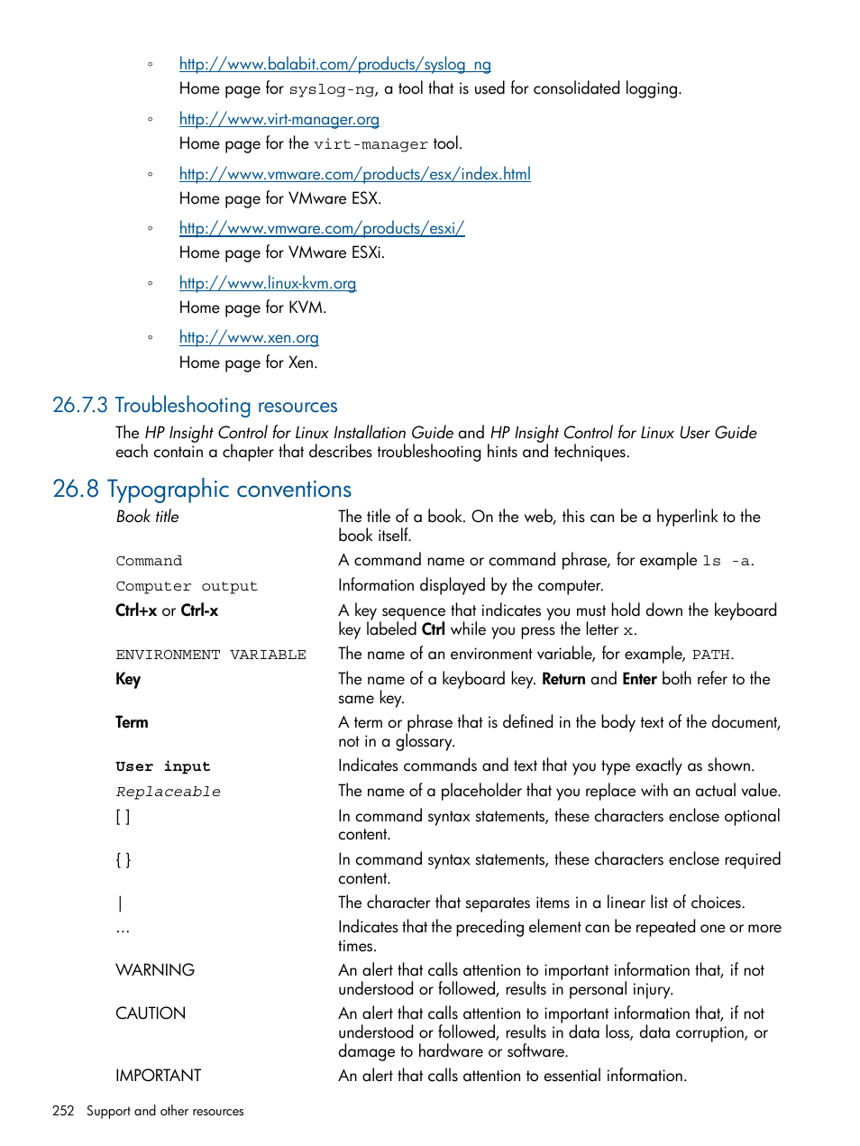 3 troubleshooting resources, 8 typographic conventions | HP Insight Control Software for Linux User Manual | Page 252 / 272