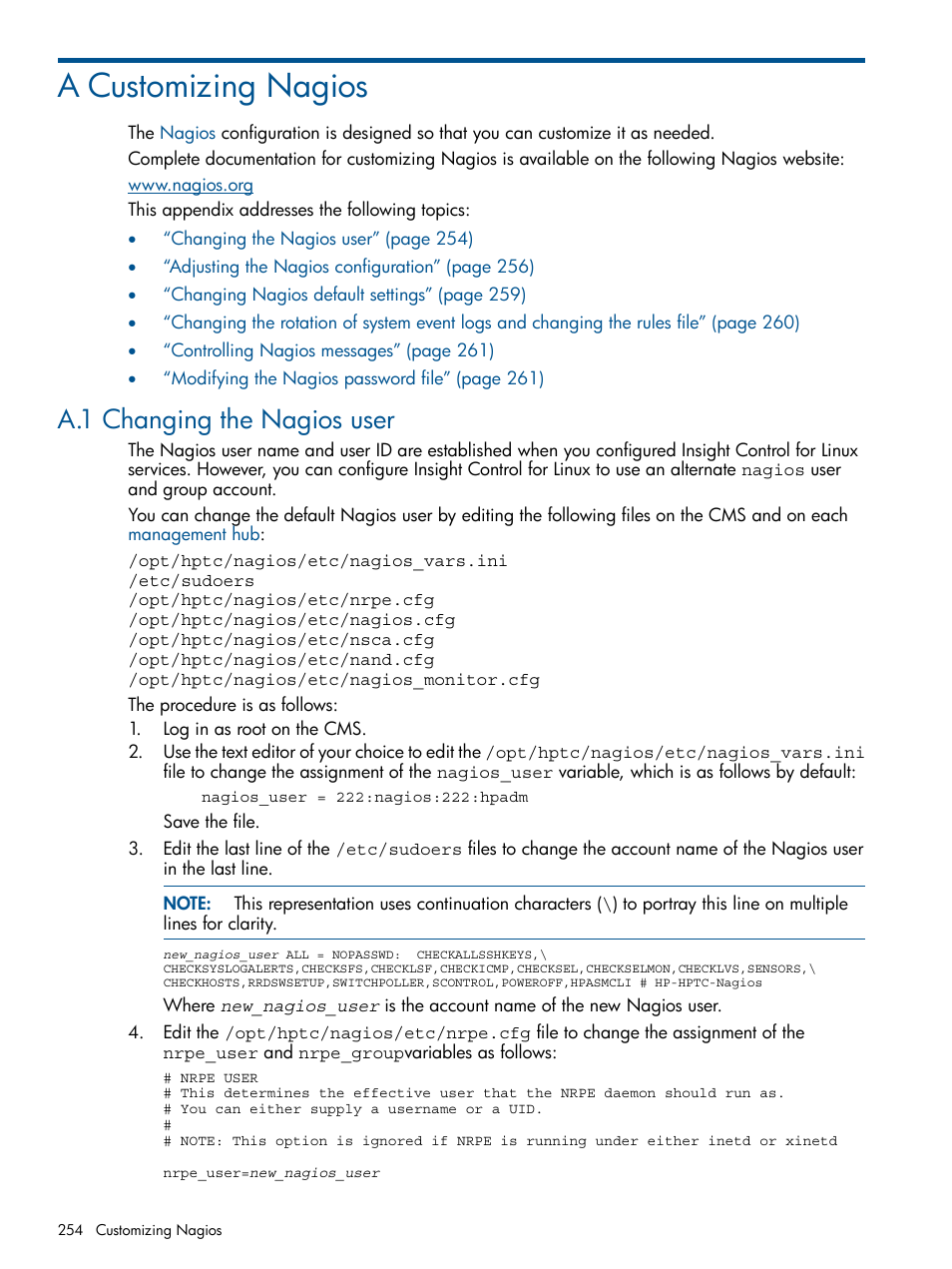 A customizing nagios, A.1 changing the nagios user | HP Insight Control Software for Linux User Manual | Page 254 / 272