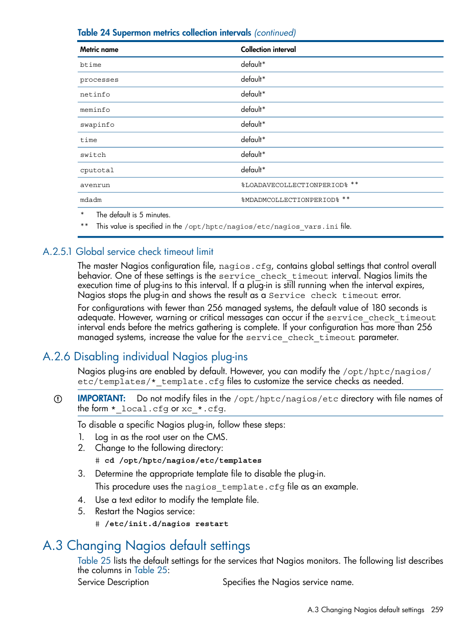 A.2.5.1 global service check timeout limit, A.2.6 disabling individual nagios plug-ins, A.3 changing nagios default settings | HP Insight Control Software for Linux User Manual | Page 259 / 272