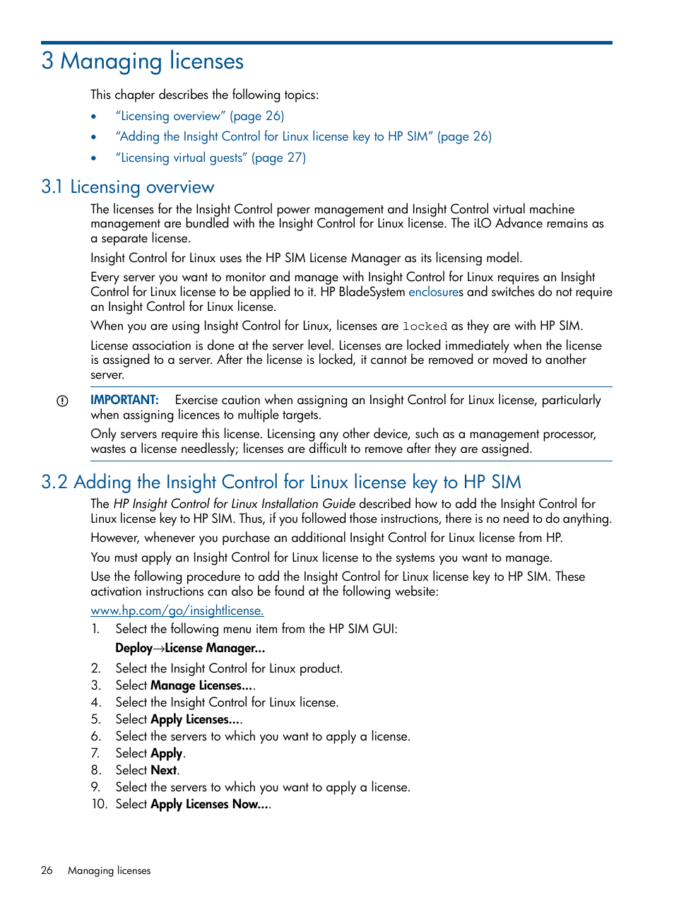 3 managing licenses, 1 licensing overview | HP Insight Control Software for Linux User Manual | Page 26 / 272