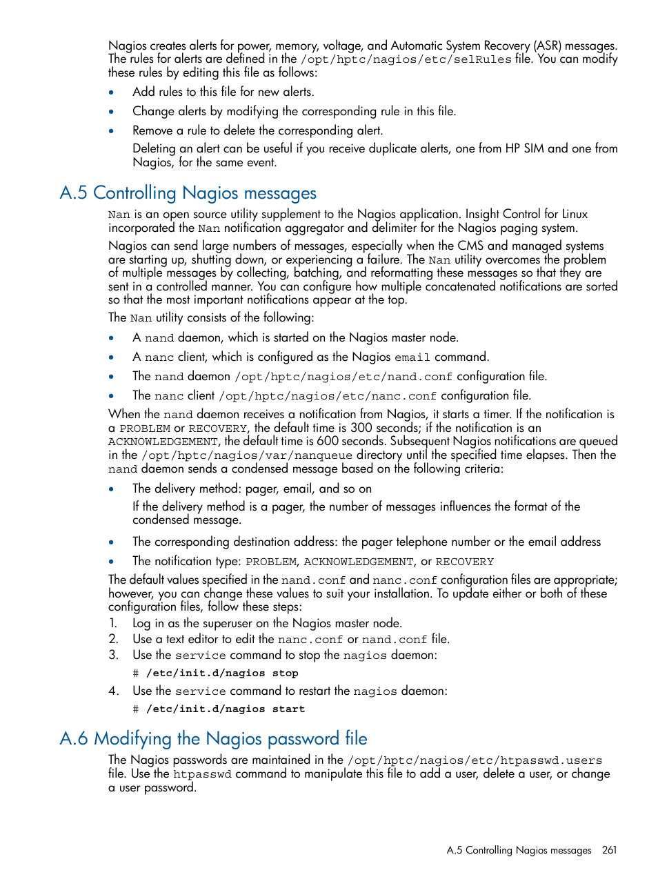 A.5 controlling nagios messages, A.6 modifying the nagios password file | HP Insight Control Software for Linux User Manual | Page 261 / 272