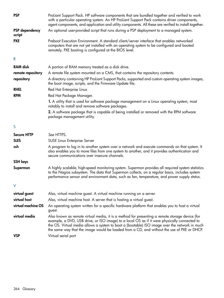 Supermon, Virtual media, Virtual | Media, Repository, Ram disk, Remote repository, Psp dependency script, Virtual host, Virtual guest | HP Insight Control Software for Linux User Manual | Page 264 / 272