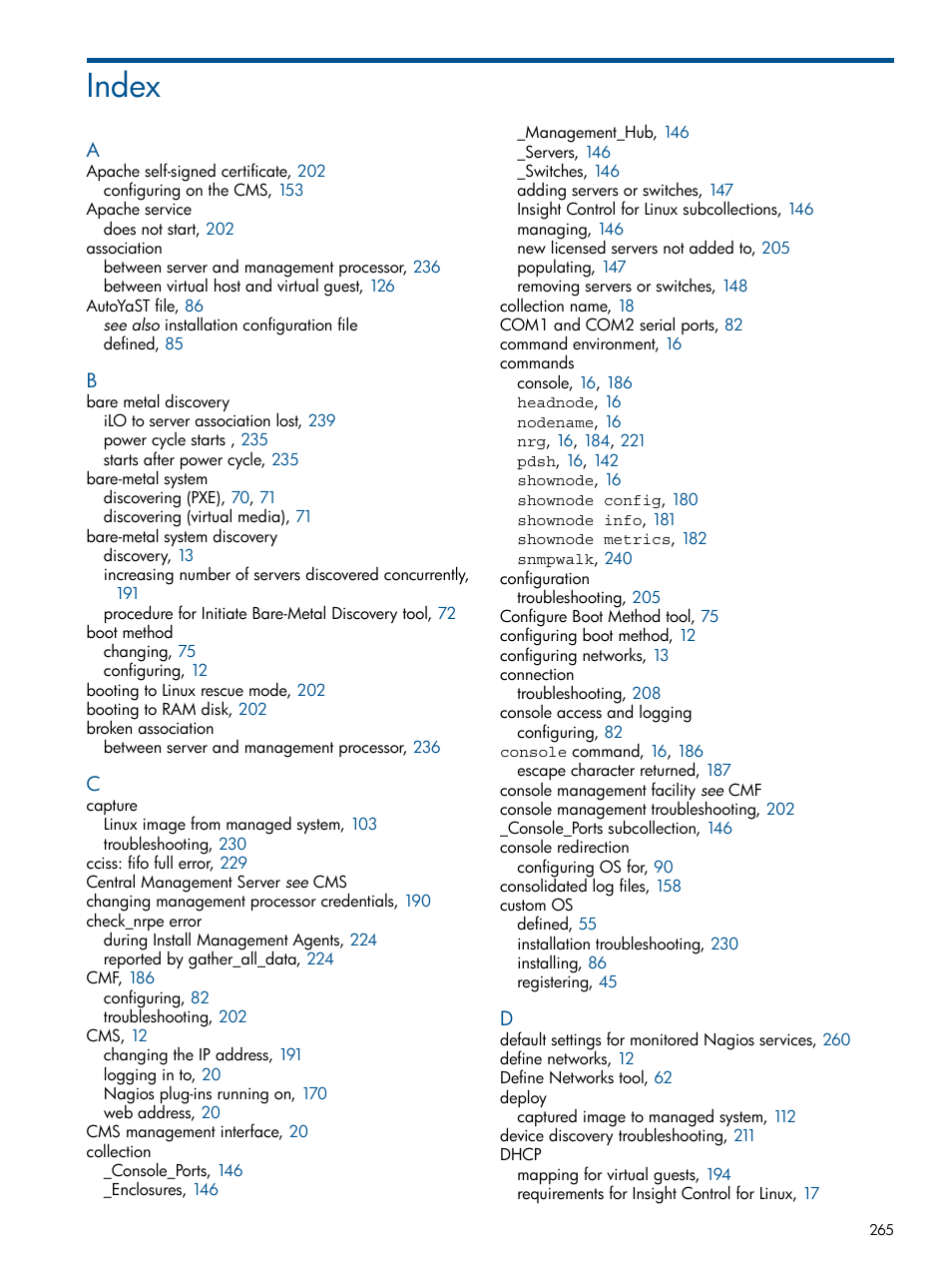 Index | HP Insight Control Software for Linux User Manual | Page 265 / 272