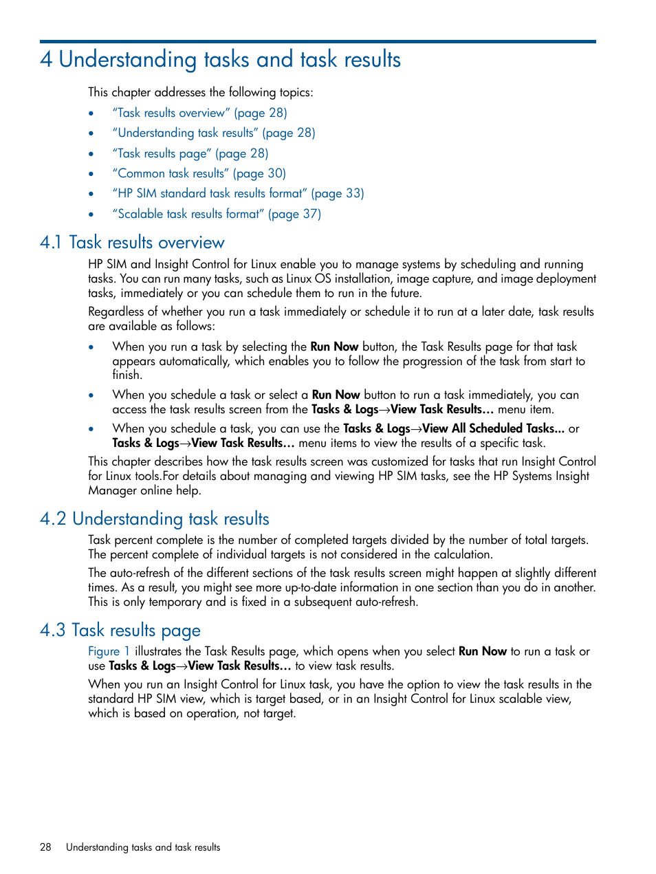 4 understanding tasks and task results, 1 task results overview, 2 understanding task results | 3 task results page | HP Insight Control Software for Linux User Manual | Page 28 / 272