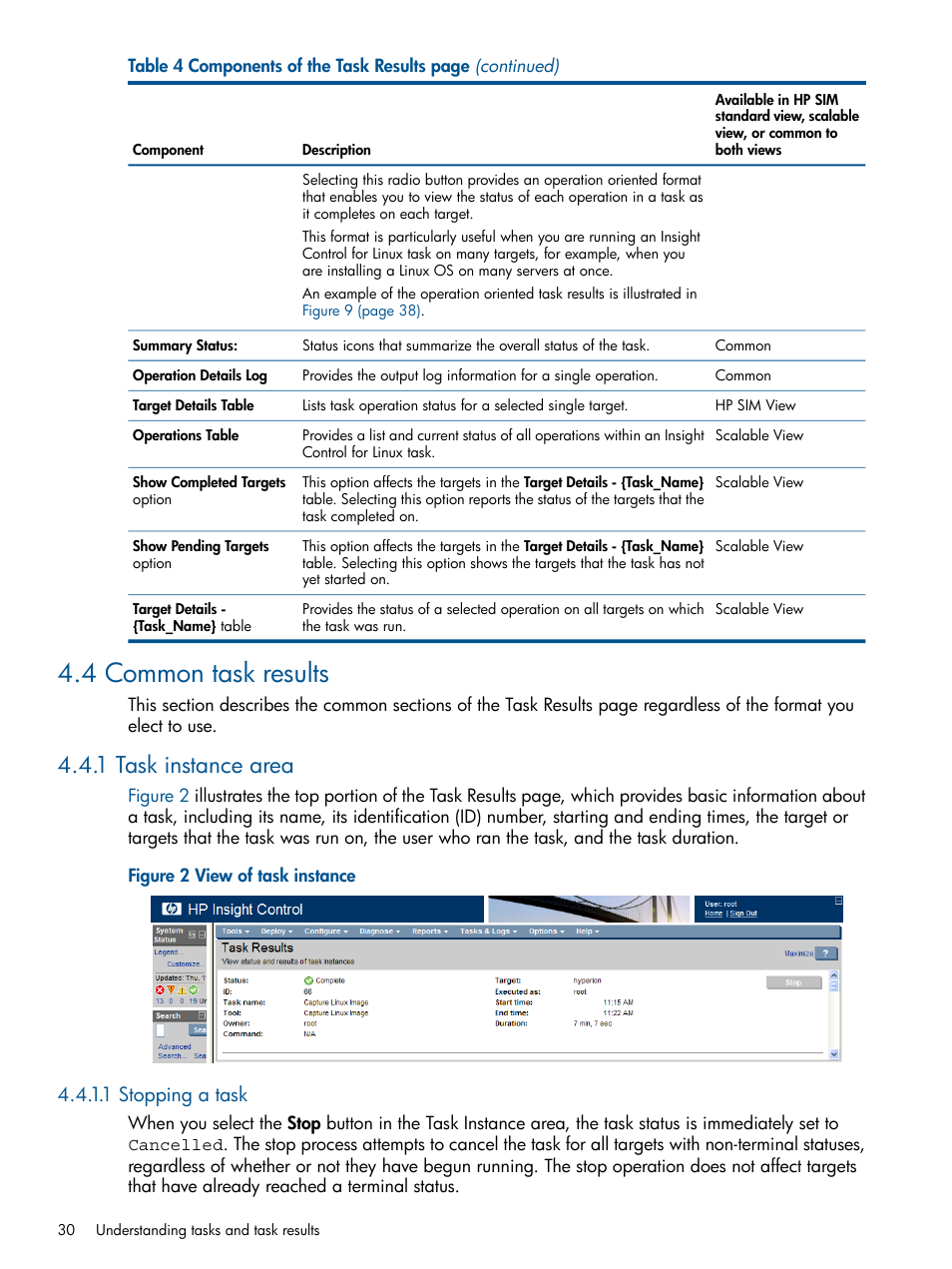 4 common task results, 1 task instance area, 1 stopping a task | HP Insight Control Software for Linux User Manual | Page 30 / 272