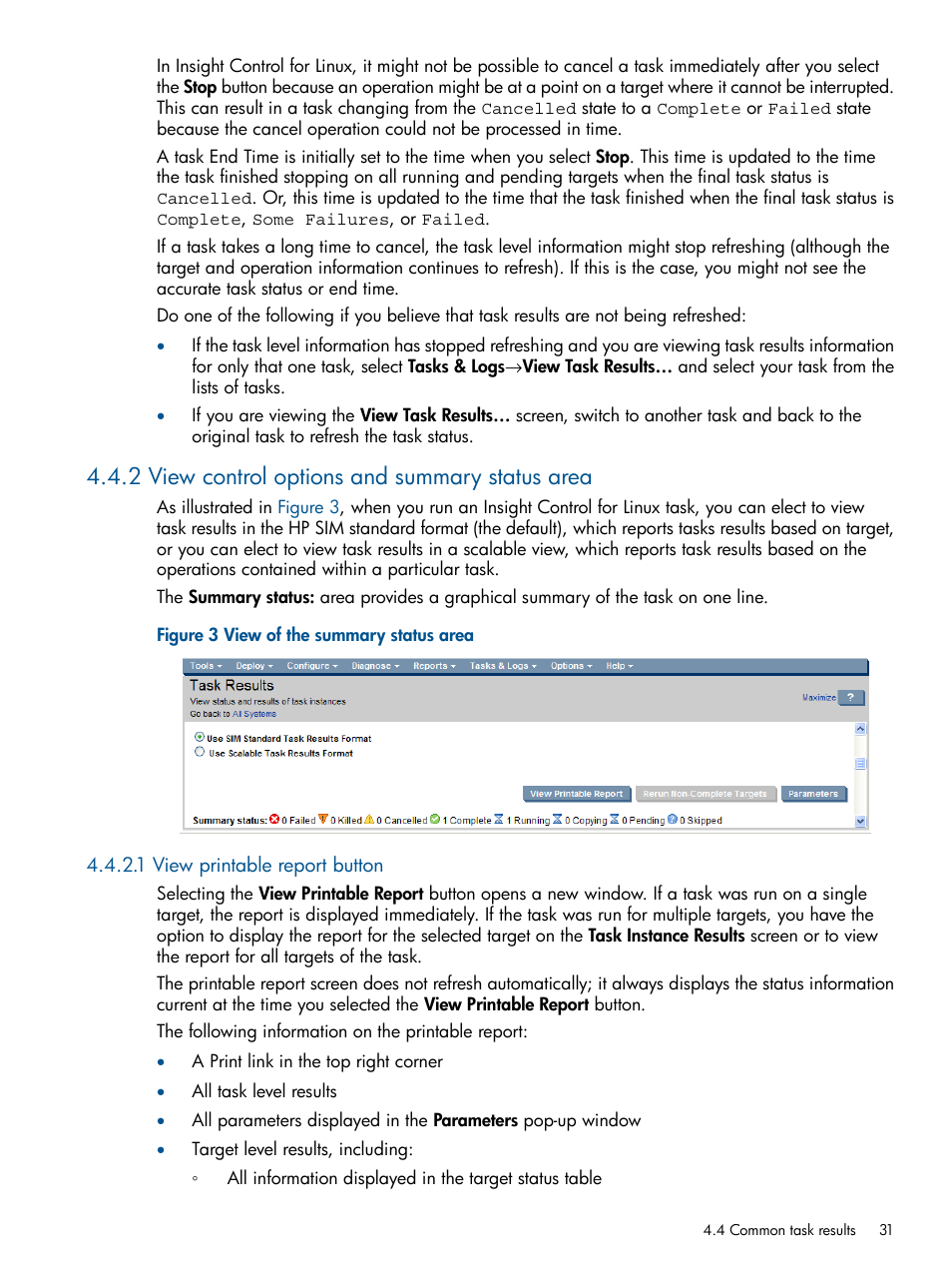 2 view control options and summary status area, 1 view printable report button | HP Insight Control Software for Linux User Manual | Page 31 / 272