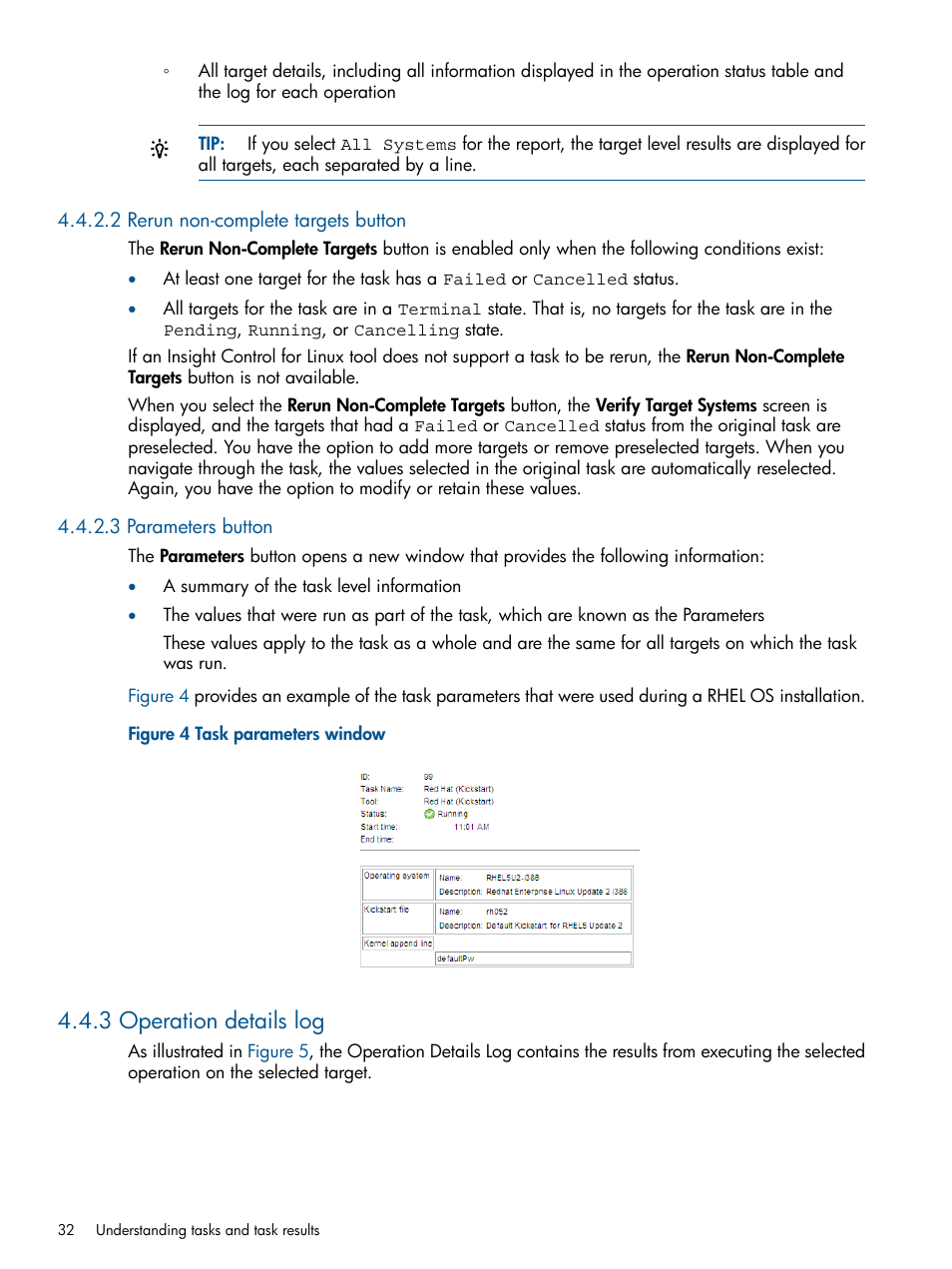 2 rerun non-complete targets button, 3 parameters button, 3 operation details log | HP Insight Control Software for Linux User Manual | Page 32 / 272