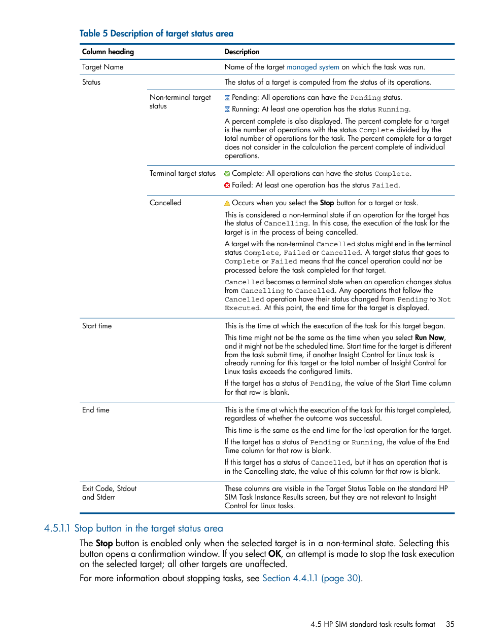 1 stop button in the target status area | HP Insight Control Software for Linux User Manual | Page 35 / 272