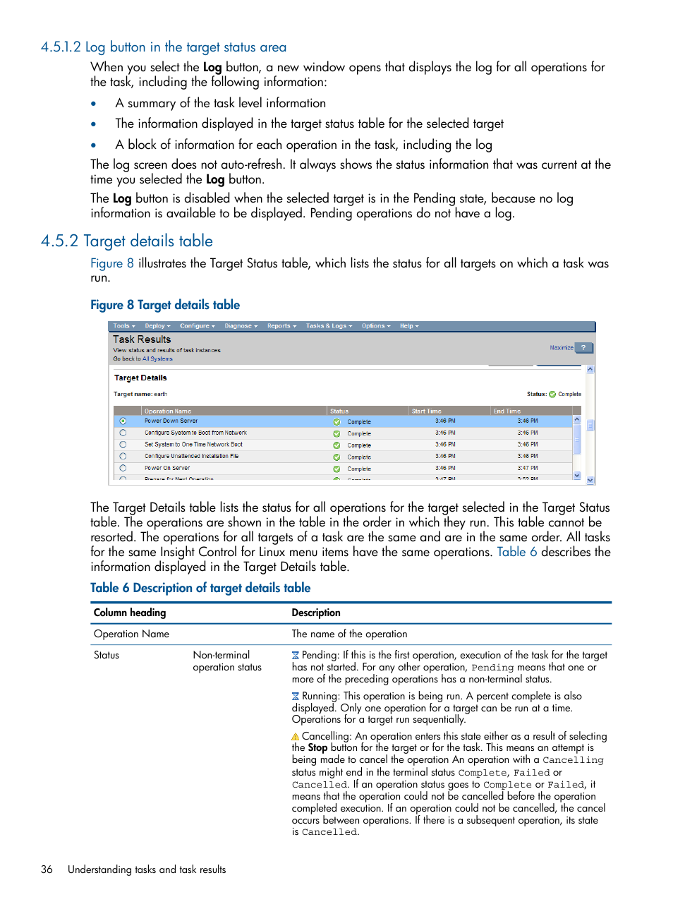 2 log button in the target status area, 2 target details table | HP Insight Control Software for Linux User Manual | Page 36 / 272