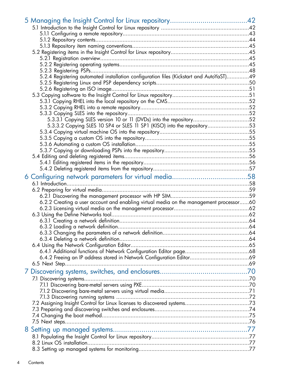 6 configuring network parameters for virtual media, 7 discovering systems, switches, and enclosures, 8 setting up managed systems | HP Insight Control Software for Linux User Manual | Page 4 / 272