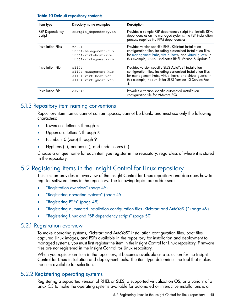 3 repository item naming conventions, 1 registration overview, 2 registering operating systems | Table 10 | HP Insight Control Software for Linux User Manual | Page 45 / 272