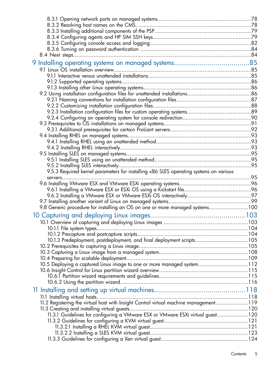 9 installing operating systems on managed systems, 10 capturing and deploying linux images, 11 installing and setting up virtual machines | HP Insight Control Software for Linux User Manual | Page 5 / 272