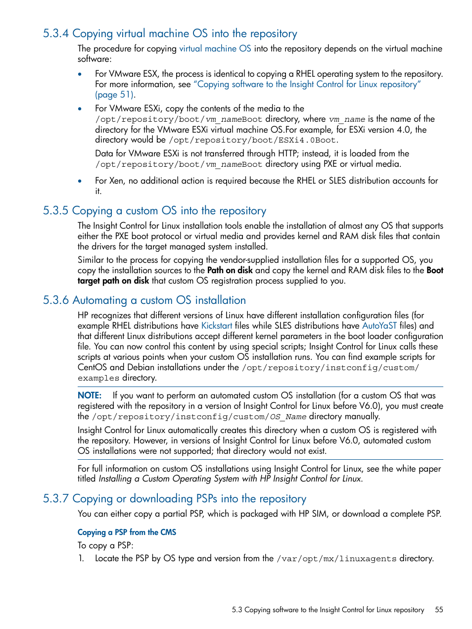 4 copying virtual machine os into the repository, 5 copying a custom os into the repository, 6 automating a custom os installation | 7 copying or downloading psps into the repository | HP Insight Control Software for Linux User Manual | Page 55 / 272