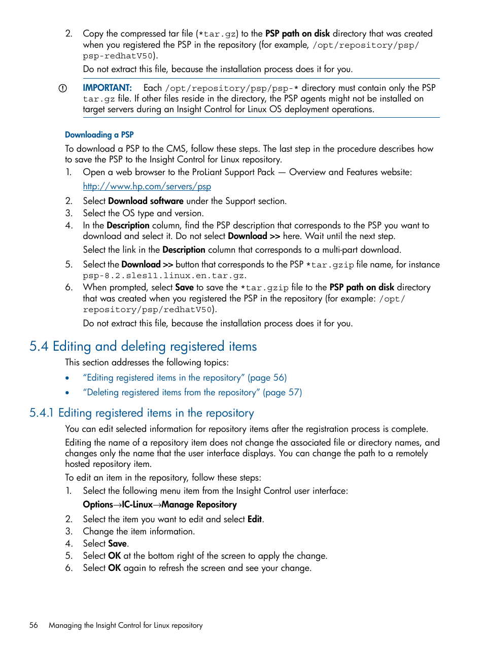 4 editing and deleting registered items, 1 editing registered items in the repository | HP Insight Control Software for Linux User Manual | Page 56 / 272