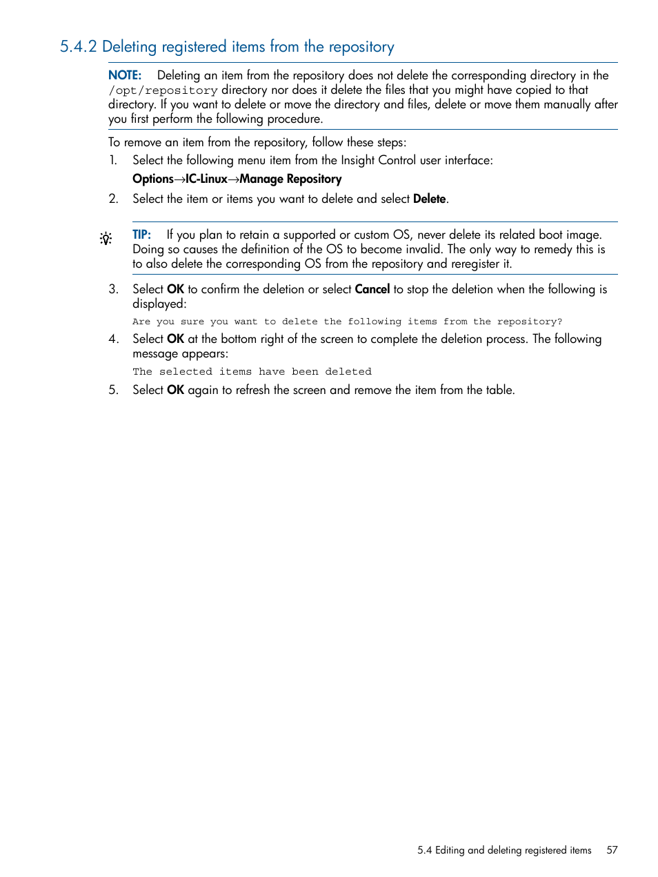 2 deleting registered items from the repository | HP Insight Control Software for Linux User Manual | Page 57 / 272