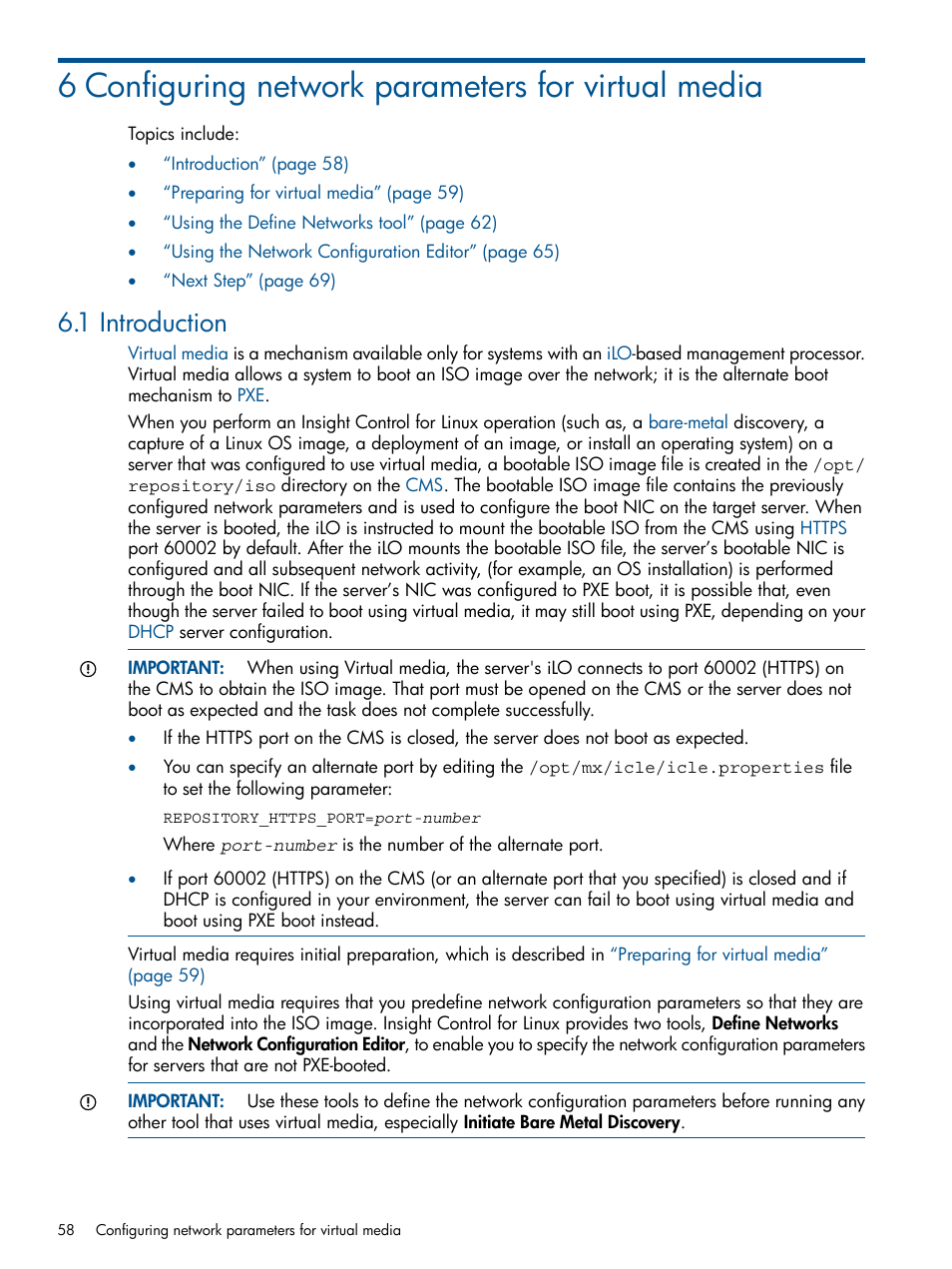 6 configuring network parameters for virtual media, 1 introduction | HP Insight Control Software for Linux User Manual | Page 58 / 272