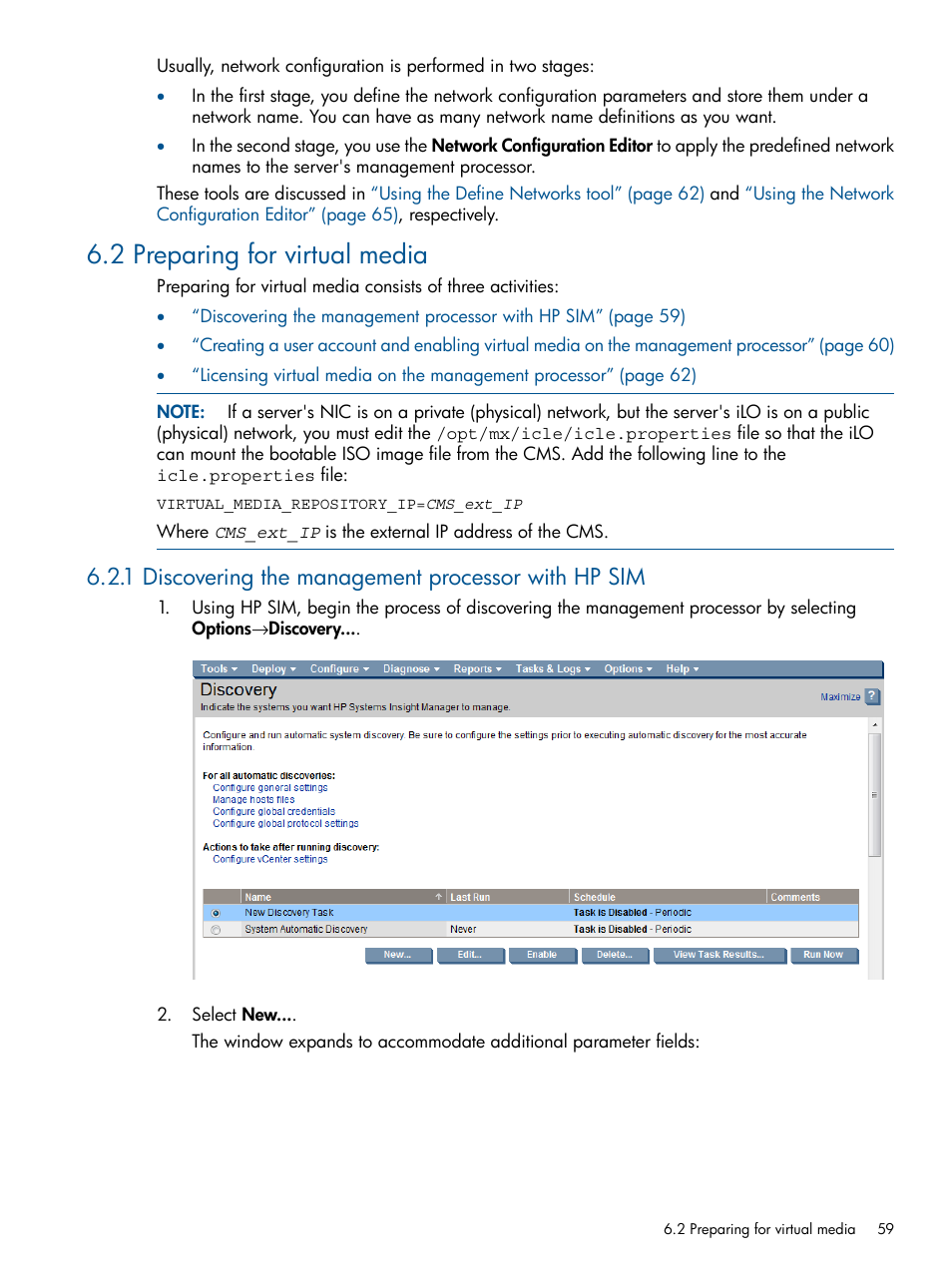 2 preparing for virtual media, 1 discovering the management processor with hp sim, Preparing for virtual media | HP Insight Control Software for Linux User Manual | Page 59 / 272