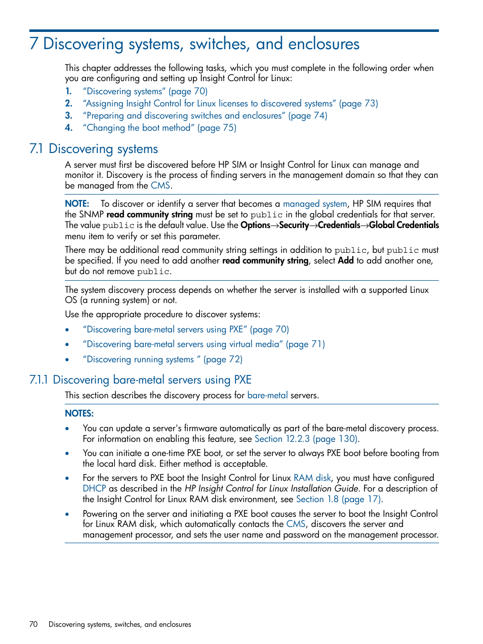 7 discovering systems, switches, and enclosures, 1 discovering systems, 1 discovering bare-metal servers using pxe | HP Insight Control Software for Linux User Manual | Page 70 / 272